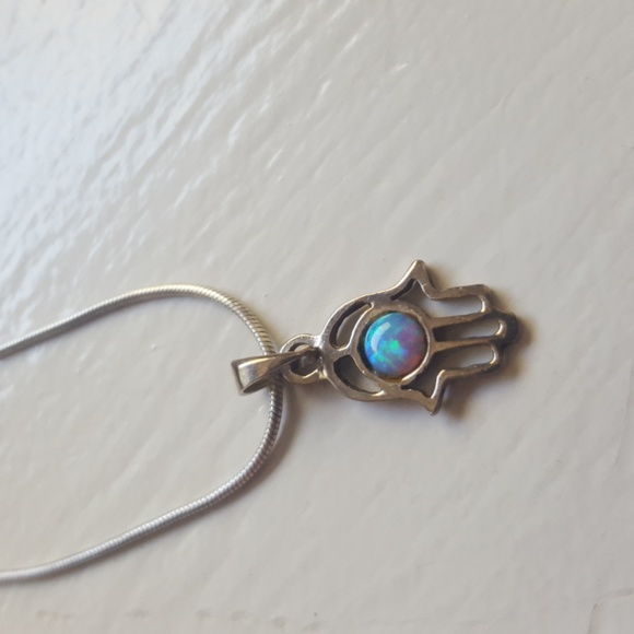Magnolia Jewellery 925 Silver and Blue Opal Hamsa Necklace - Picture 2 of 10